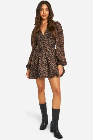 Boohoo Chiffon Leopard Print Puff Sleeve Milkmaid Skater Dress - - 8