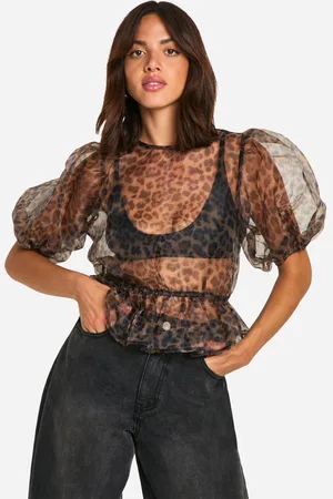 Boohoo Organza Leopard Print Tie Back Puff Sleeve Top - - 6