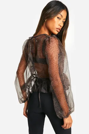 Boohoo Organza Micro Leopard Print Tie Back Puff Long Sleeve Top - - 8