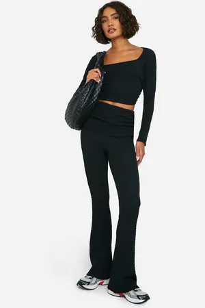 Boohoo Tall Crinkle Long Sleeve Top And Foldover Flare Co-Ord - - 8