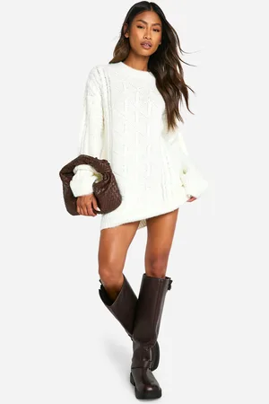 Boohoo Brushed Knit Cable Detail Slouchy Jumper Dress - - M