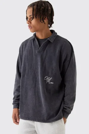 Boohoo Oversized Revere Washed Embroidered Rugby Sweatshirt Polo - - S