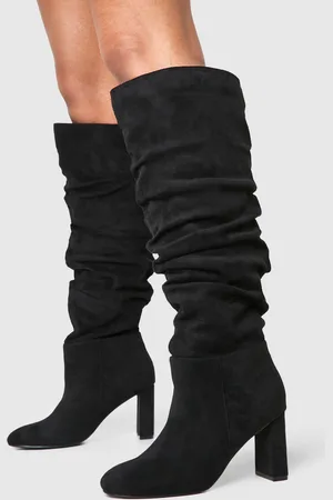 Boohoo Wide Fit Faux Suede Ruched Detail Block Heel Boots - - 5