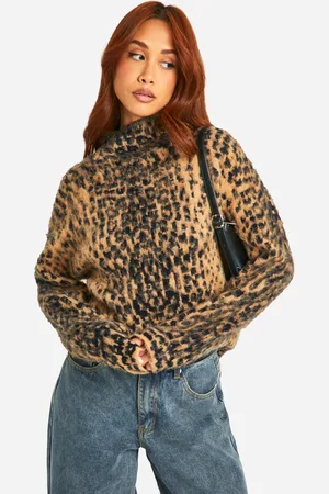 Boohoo Brushed Leopard Knitted Turtleneck Jumper - - S