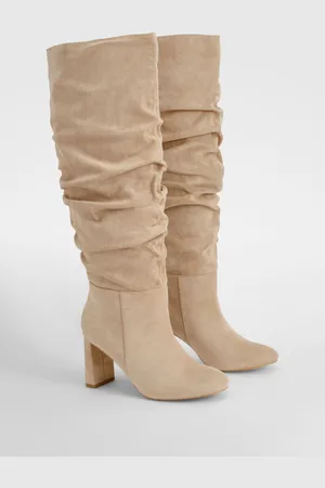 Boohoo Wide Fit Faux Suede Ruched Detail Block Heel Boots - - 5