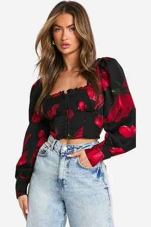 Boohoo Rose Print Frill Hem Hook And Eye Milkmaid Corset Top - - 6