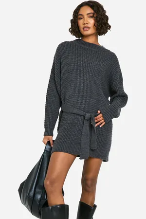 Boohoo Tall Belted Knitted Jumper Dress - - S