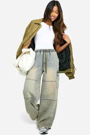 Boohoo Vintage Wash Elasticated Waist Baggy Cargo Jeans - - 6