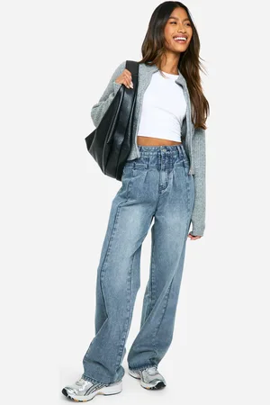 Boohoo Pleat Detail Seam Front Baggy Boyfriend Jeans - - 14