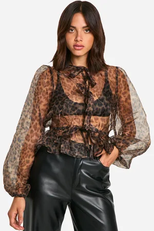 Boohoo Organza Leopard Print Tie Front Puff Long Sleeve Top - - 6