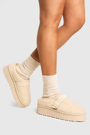 Boohoo Platform Borg Buckle Detail Cosy Mules - - 6