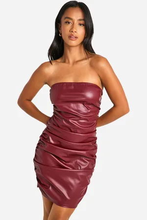 Boohoo Petite Ruched Pu Bandeau Mini Dress - - 6
