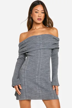 Boohoo Tall Bardot Cable Knit Skater Dress - - S