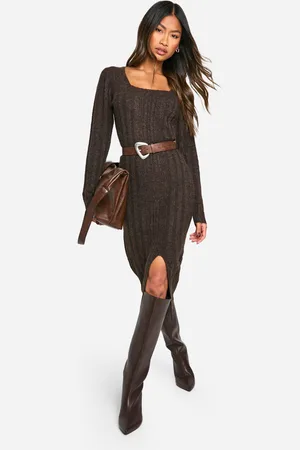 Boohoo Square Neck Mixed Rib Knitted Midaxi Dress - - S