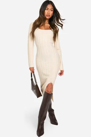 Boohoo Square Neck Mixed Rib Knitted Midaxi Dress - - L