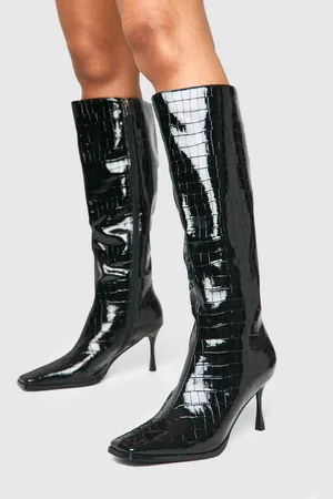 Boohoo High Shine Croc Pointed Toe Heeled Boots - - 5
