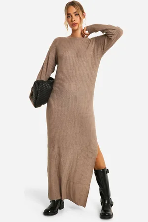 Boohoo Soft Rib Knit Side Split Midaxi Dress - - S