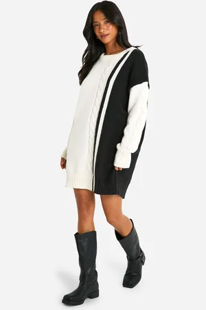 Boohoo Petite Cable Knit Panel Detail Jumper Dress - - S