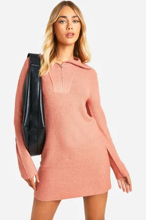 Boohoo Soft Rib Knit Half Zip Collar Jumper Dress - - S