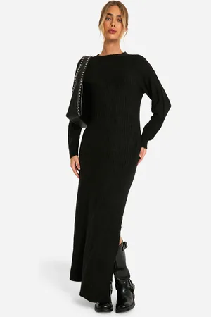 Boohoo Soft Rib Knit Side Split Midaxi Dress - - S