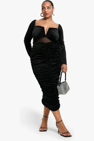 Boohoo Plus Velvet Sheer Detailed Long Sleeve Midi Dress - - 28