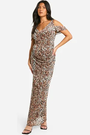 Boohoo Maternity Mesh Leopard Print Cowl Neck Bardot Maxi Dress - - 8