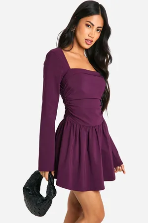 Boohoo Square Neck Long Sleeve Skater Mini Dress - - 14