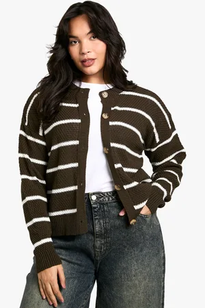 Boohoo Plus Stripe Crew Neck Soft Knit Cardigan - - 16