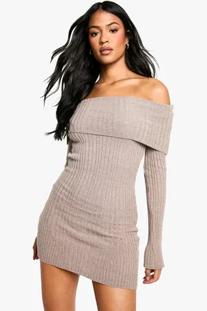 Boohoo Tall Bardot Ribbed Knit Skater Dress - - XS