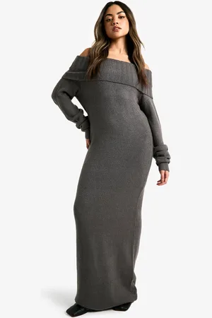 Boohoo Premium Oversized Bardot Neckline Maxi Jumper Dress - - S