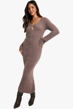Boohoo Fluffy Knitted Square Neck Midaxi Dress - - S