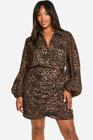Boohoo Plus Leopard Print Blouson Sleeve Wrap Dress - - 16