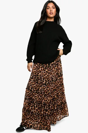 Boohoo Maternity Elasticated Waist Chiffon Leopard Print Tiered Maxi Skirt - - 8