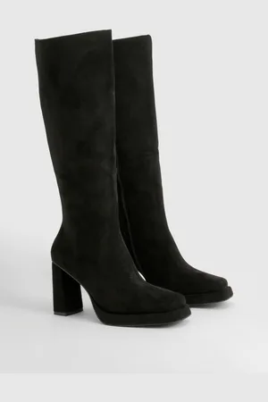 Boohoo Faux Suede Block Heel Platform Knee High Boots - - 6