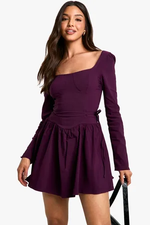Boohoo Long Sleeve Tie Waist Skater Mini Dress - - 8
