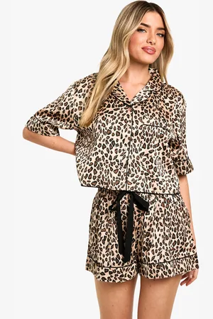 Boohoo Leopard Print Satin Short Sleeve Shirt & Shorts Pyjama Set - - 10