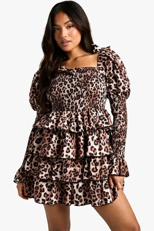 Boohoo Petite Shirred Leopard Shirred Tiered Ruffle Skater Dress - - 4
