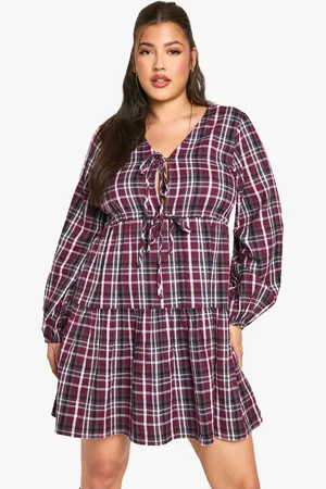 Boohoo Plus Check Tie Front Smock Dress - - 16