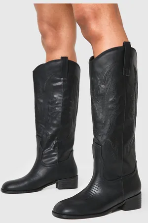 Boohoo Square Toe Low Heel Knee High Western Boots - - 5