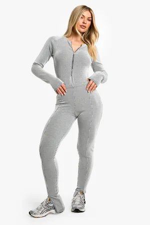 Boohoo Rib Zip Front Long Sleeve Bodysuit And Split Hem Legging Set - - 10