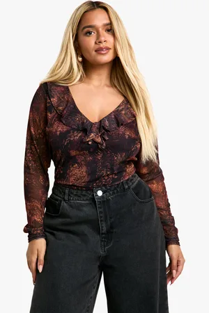 Boohoo Plus Mesh Ruffle Long Sleeve Top - - 24