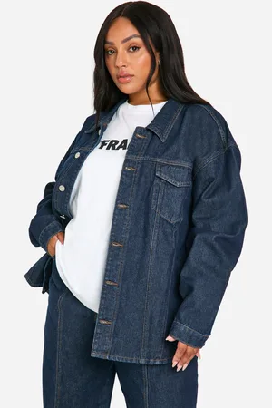 Boohoo Plus Oversized Contrast Stitch Raw Indigo Denim Jacket - - 16