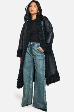 Boohoo Petite Teddy Trim Belted Faux Leather Coat - - 8