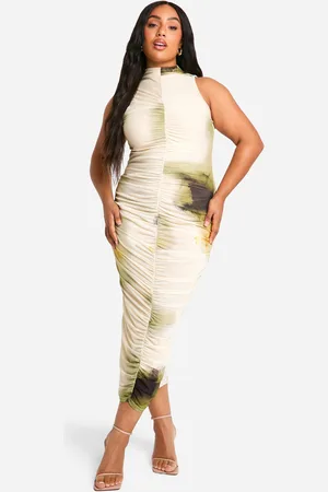 Boohoo Plus Abstract Ruched Midi Dress - - 28