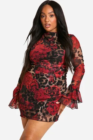 Boohoo Plus Slash Neck Mixed Leopard Print Flare Sleeve Mini Dress - - 28