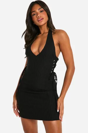 Boohoo Bengaline Pinstripe V Neck Tie Side Mini Dress - - 14