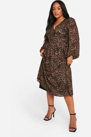 Boohoo Plus Woven Leopard Milkmaid Midi Skater Dress - - 20