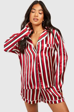 Boohoo Petite Long Sleeve Satin Stripe Pajama Short Set - - 10