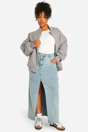 Boohoo Plus Studded Pocket Detail Split Front Denim Maxi Skirt - - 16