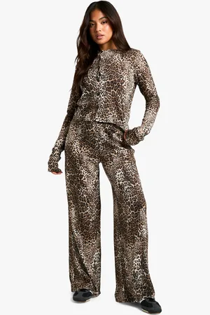 Boohoo Petite Leopard Crinkle Cardigan And Wide Leg Trouser Co-Ord - - 6